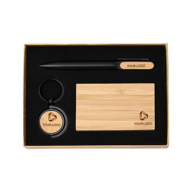 Wooden Gift Set With Card Holder Keychain & Metal Pen